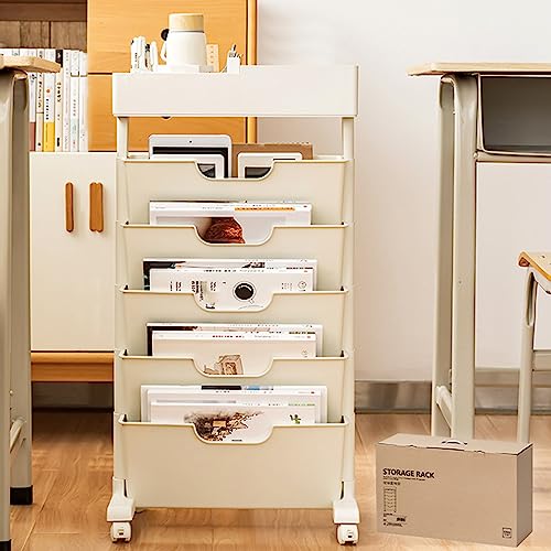 Book cart6-Tier Rolling File Cart with Lockable Wheels, White Rolling Book Cart, Mobile Desk File Organizer, Mobile Office File Organizer Cart with Open Storage Shelves for Office, Home, SCH