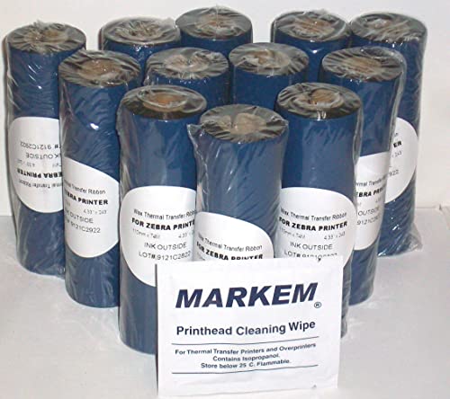 12-Pack Zebra Compatible Standard Resin-Enhanced Wax 110mm x 74m (4.33" x 244') Black Thermal Transfer Printer Ribbon w/PH Cleaner.