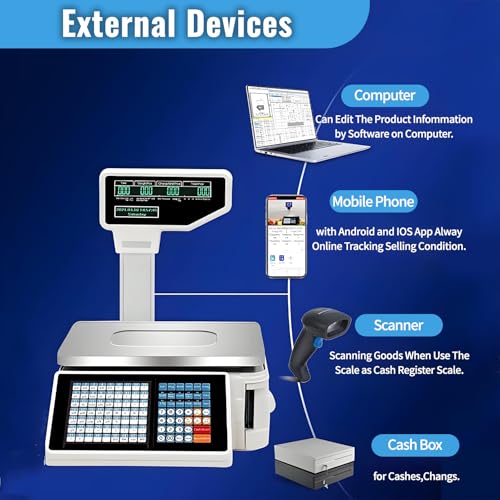 Ofyphth Digital Price Label Printing Scale, 30kg/66lbs Double Sided LCD Display, Computing Scale Thermal Printer Electronics Barcode Scale Cash Register, for Retail Store, Supermarket. PackageB