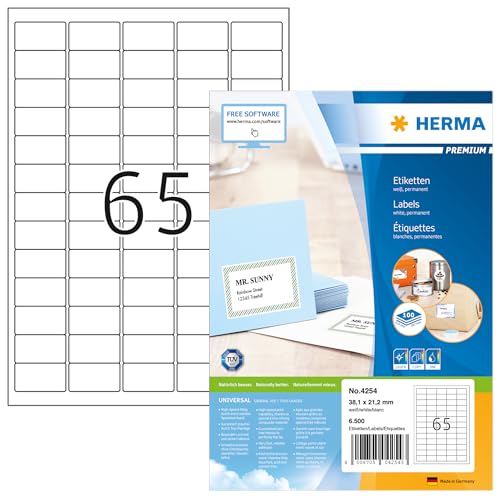 HERMA Self Adhesive Address Mailing Labels, 65 Labels Per A4 Sheet, 6500 Labels for Laser and Inkjet Printers, 38.1 x 21.2 mm (4254)