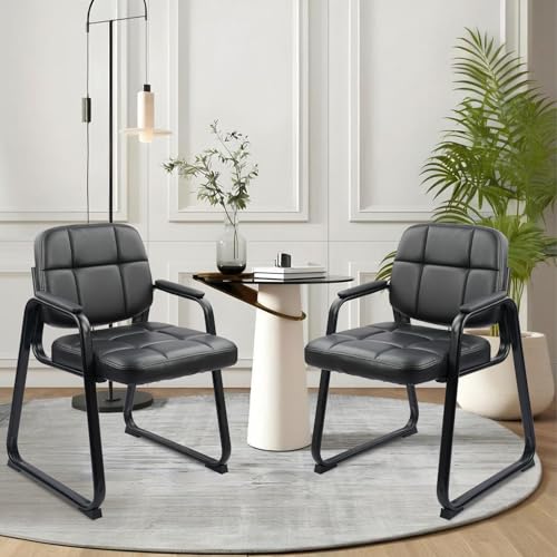 CLATINA Waiting Room Guest Chair with Bonded Leather Padded Arm Rest for Office Reception and Conference Desk Black with Sled Base 2 Pack