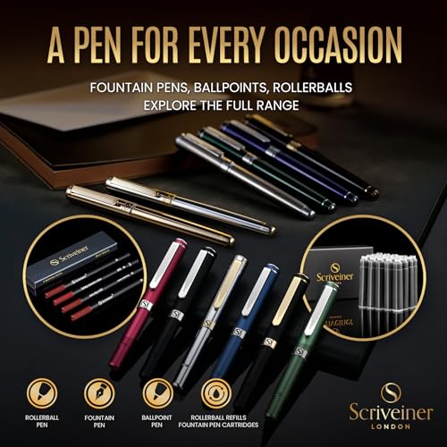 Scriveiner Luxury Fountain Pen - Stunning Gold Luxury Pen, Real Gold Finsih, Schmidt Gilded Nib (Medium), Converter, Best Pen Gift Set for Men & Women, Professional, Executive, Office, Nice Pens