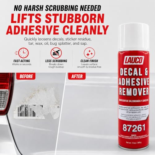 LAUCO Decal & Adhesive Remover, 13 oz Aerosol Spray with Gun – Removes Stickers Pack of 6, Tar, Wax, Oil, Bugs, Sap – Safe on Cured Paint, Vinyl & Fabrics – Single & Multi-Pack Option 87261