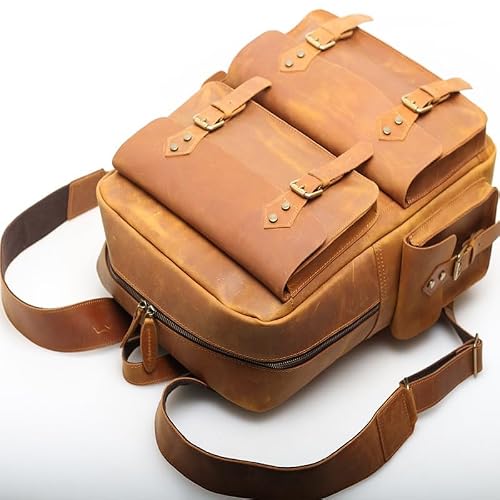ROROR Leather Business Computer Backpack For Men Outdoor Travel Bag Retro Cowhide Leather Mens Backpack(Brown)