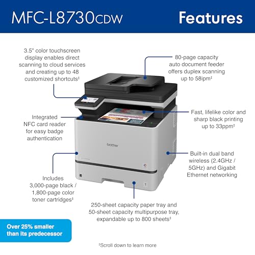Brother MFC-L8730CDW Business Color Laser All-in-One Printer, Duplex Print, Scan, Copy, Wireless, Advanced Security