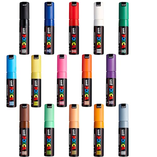 Posca Paint Markers Set of 15; Complete Color Range of 7M Broad Bullet Markers with Reversible Tips Marker Set of Acrylic Paint Pens Pens for Art Supplies; Fabric Paint