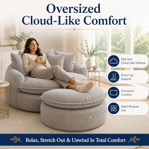 HOYOC Plush Ottoman Foot Rest, Upholstered Pouf Foot Stool with Soft Polyester Fabric, No Assembly Footrest Pedal for Couch, Sofa, Living Room, Bedroom & Office,Light Grey