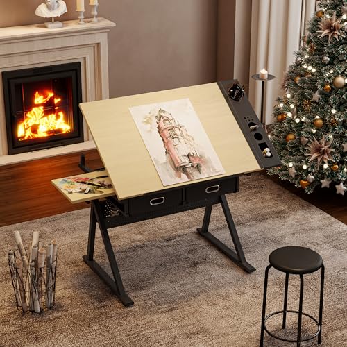 WZONICE98 Adjustable Drawing Desk with Stool 2 Drawers Tiltable Drafting Table Height Adjustable Craft Desk Bottom Angle Legs Adjustables for Home Office Study Art Maple Finish Metal