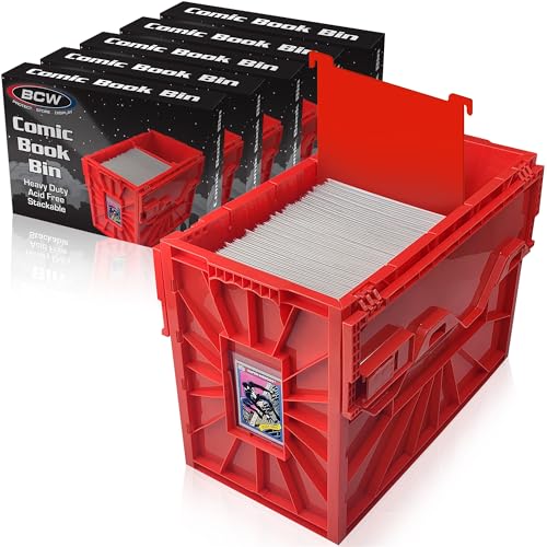 BCW Short Comic Book Bin | Holds 150 Comics | Stackable Plastic Storage | Acid-Free Organizer | Red, 5 Pack