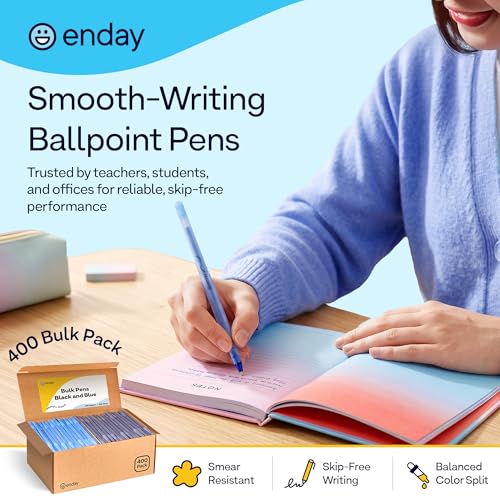 Enday Ballpoint Pens Bulk Blue and Black Pens (400 Pack) 200 Black & 200 Blue - Medium Point (1.0mm) Flexible Round Barrel For Writing Comfort, Pens Bulk for School, Home and Office.
