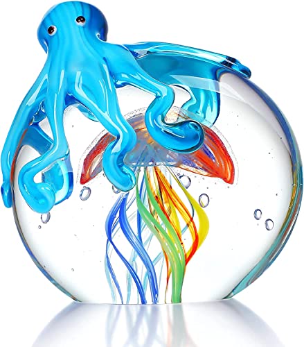 Colorful Octopus and Jellyfish Collectible Figurines Handmade Glass Paperweight Ornament Sea Animal Artwork Sculpture Home