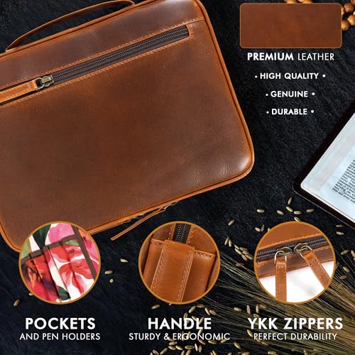 ELIZO Full Grain Leather Bible Cover for Women, Floral Large Bible Cases for Woman, Genuine Leather Sleeve Pouch Organizer Protector Carrying Bag with Zipper Christian Gifts for Women Bookmark, Cognac