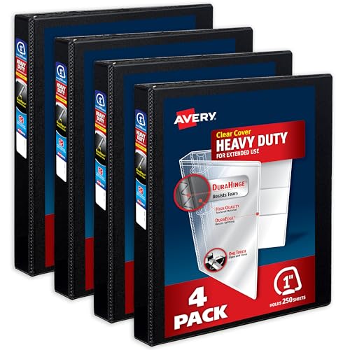 Avery Heavy-Duty View 3 Ring Binders, 1 Inch One Touch Slant Rings, DuraHinge, 1.4 Inch Wide Spine, Customizable Clear Cover and Spine, Black Binders (4-Pack of 79868)