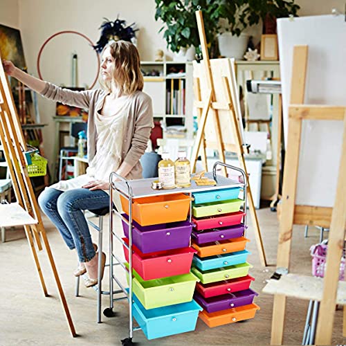 15-Drawer Storage Cart, Mobile Rolling Utility Cart w/Wheels, Multipurpose Organizer Cart for Tools, Scrapbook, Paper, Ideal for Home Office School (Multicolor)