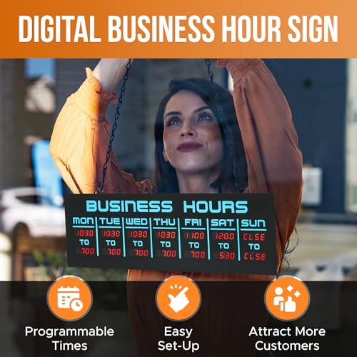 Digital Business Hours Sign by ELEMENT LUX - Electronic Programmable Hours of Operation Signs for Business with Ultra Bright LEDs for Glass Door - Remote and Hanging Kit - 16in x 5.5in, Blue