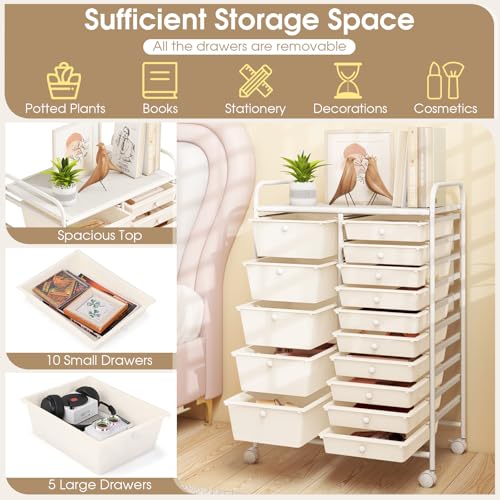 MEDIMALL 15 Drawers Rolling Storage Cart, Multipurpose Craft Storage Cart with Wheels, Mobile Tools Scrapbook Paper Organizer Cart for School Home Office Use (White)