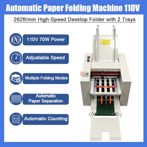 EQCOTWEA Automatic Paper Folding Machine Electric Desktop Document Folder with 2 Trays Max Speed 80m/min for Paper Size 2x2.7in to 8.3x16.5in, with Auto Counter & Speed Control for Brochures Manuals