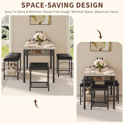 Garvee Dining Table Set for 4, Kitchen Table with Upholstered Bench and 2 Stools, 4 Pieces Kitchen Table Set with Storage Rack & Metal Frame for Small Space, Kitchen Table and Chairs Set for Apartment