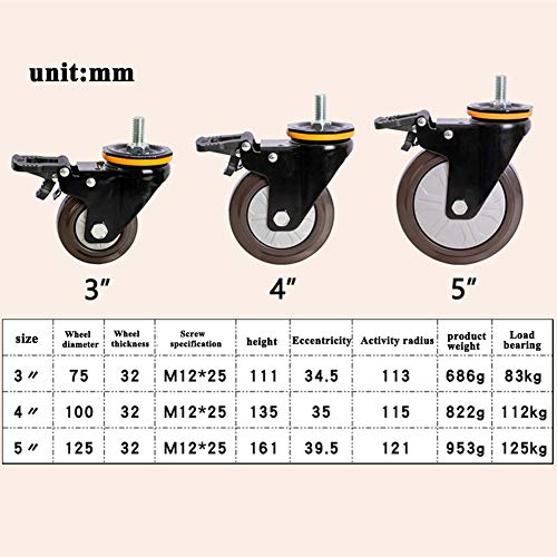Mavvilo Heavy-Duty Rubber Casters Wheels 3-5 Inch M12 Thread 500Kg Load Capacity Quiet Dustproof Industrial Trolley 360掳 Swivel with Brake 4-Pack for Carts,5 Inch