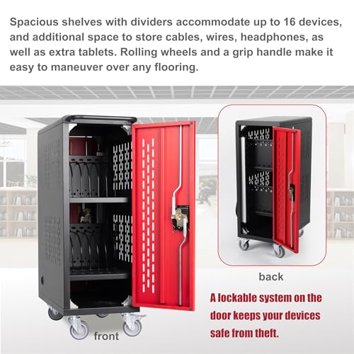 16 Bay Mobile Charging Cart & Cabinet Lockable Storage Cart Black & Red