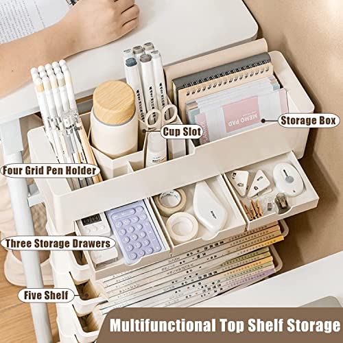 SXHEYUY 6 Tier Book Rack Storage Bookshelf, Movable Unique Bookcase, Book Shelf Tall Narrow with Colored Pencils for Bedroom Office Children Students in Bedroom Living Room,White,with Drawers