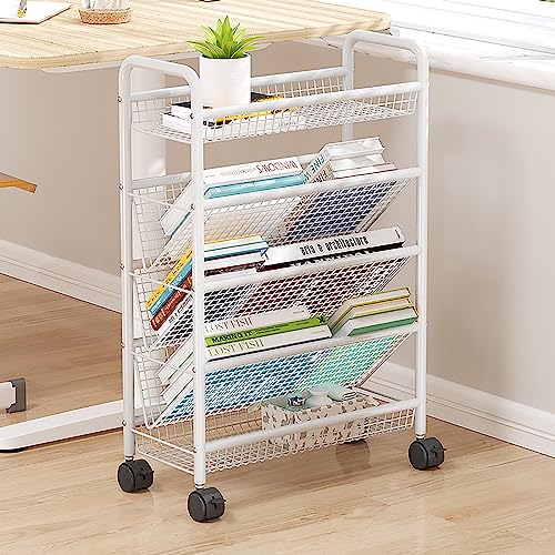 ZHDLdpUS Mobile Rolling Book Cart Shelf Organizer with Wheels - Black Metal Compact Desk Storage Trolley for Narrow Spaces, Ideal for Magazine Rack and Di