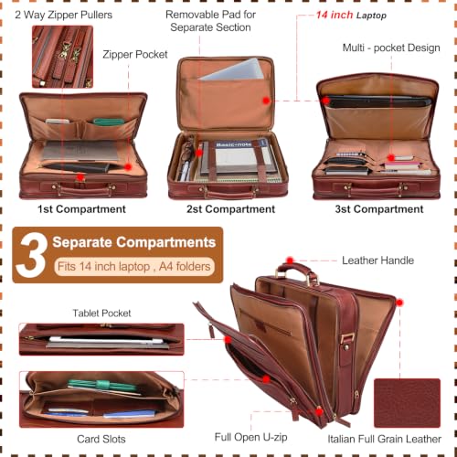 Banuce Full Grains Italian Leather Briefcase for Men with Luggage Strap