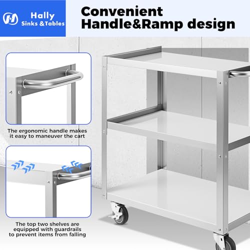 Hally Stainless Steel Utility Cart 3 Tier NSF Rolling Carts 31" Lx19 Wx34 H