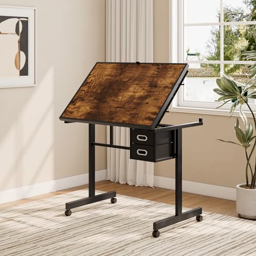Japovker Drafting Table Art Table on Wheels with Storage Drawers & Side Trays - Adjustable Drawing Table Tilted Tabletop, Crafting Desk with Storage for Artist Painters Home Office (Black D)
