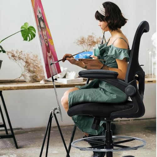 Drafting Chair, Ergonomic Tall Office Chair for Standing Desk, Counter Height Desk Chair with Adjustable Padded Armrests and Footrest Ring Standing Desk Chair Adjustable Height with Lumbar Support