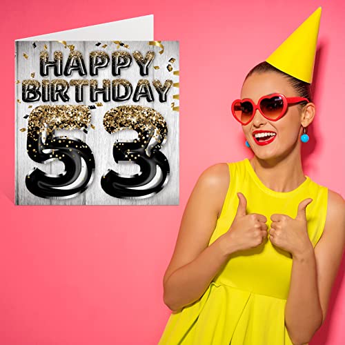 Stuff4 53rd Birthday Card for Men, Black & Gold Glitter Balloons