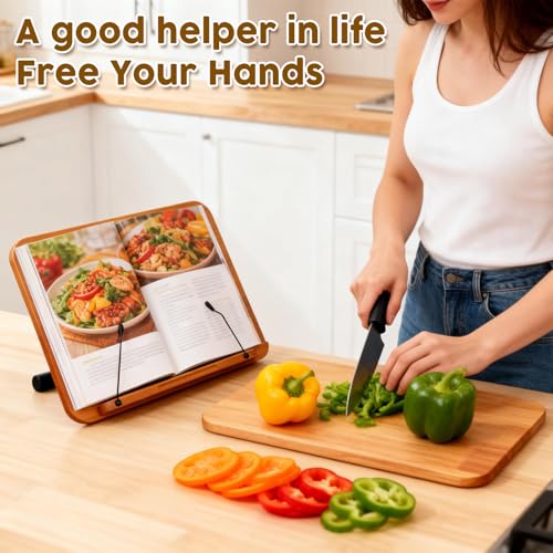 2 in 1 Dual-use Music Stand & Desktop Book Stand, Adjustable Height 16.5"-51", 100% Solid Wood Laptop Floor Stand Book Holder with Elastic Page Clips for Cookbooks (Brown with Tray)