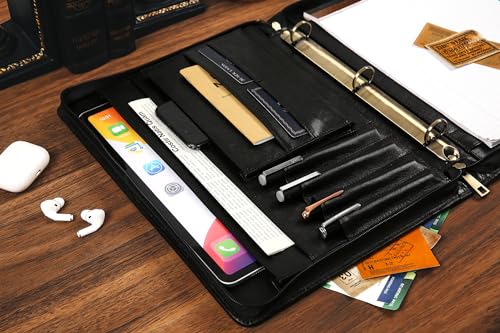 Handmade Leather Portfolio Binder - 3 Ring Binder Portfolio Genuine Leather Business Padfolio, Personlized Legal Pad Folio Folder for Lefty & Righty - Oil Black