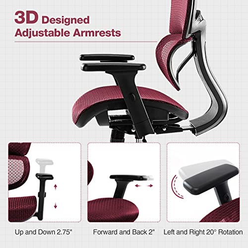 AFO Ergonomic Office Chair, High Back Mesh Office Chair with 3D Armrests and Headrest, Adjustable Rolling Chair with Lumbar Support and Tilt Function, Red, (WY-1388-RD)