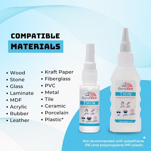 BondXtra 16 oz. Thin Viscosity Premium CA Glue for Woodworking with Extra Bottles, Caps and Microtips, Super Glue Kit for Woodturning, Plastic, Wood and DIY Craft
