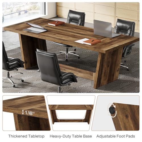 Tribesigns 6 FT Conference Room Table, 71”Large Executive Seminar Desk for 6–8 People, Rectangular Meeting for Office, Heavy-Duty Business Boardroom with Wooden Pedestal Base, Dark Brown