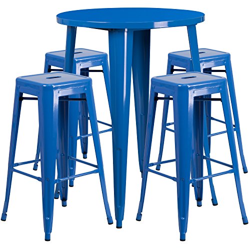 Flash Furniture Commercial Grade 30" Round Blue Metal Indoor-Outdoor Bar Table Set with 4 Square Seat Backless Stools