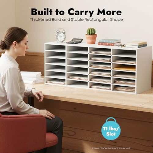 24 Slots Mail Sorter Organizer, Literature Organizer Adjustable Removable Shelves, Paper Storage Cabinet, Desktop Mail Sorter with Install Gloves for Office Classroom Home(White, 24 Slots)
