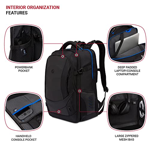 SwissGear Gaming Laptop Backpack with Charger Port (USB), Blue/Black