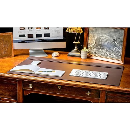 Dacasso 34" x 20" Chocolate Brown Leather Desk Pad with Top Rail - Executive Desk Surface Protector - Luxury Leather Blotter for Writing