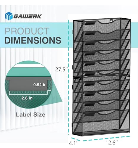 Gawerk 11-Tier Wall File Organizer Hanging Wall File Holder Wall Mount Paper Folder Organize, Mesh Magazine Document Mail Organizer Wall Organizer for Office School Home, Black