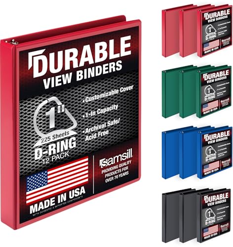 Samsill Durable 1 inch 3 Ring Binder, D Ring Binder, Customizable Clear View Cover, Basic Assortment, 12 Pack