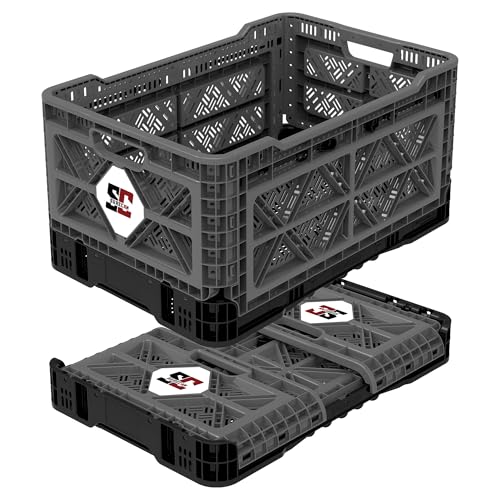 Surecan Heavy Duty Collapsible & Stackable Plastic Crate - Snap Lock Foldable Industrial Garage Storage Bin Container Utility Tote Basket