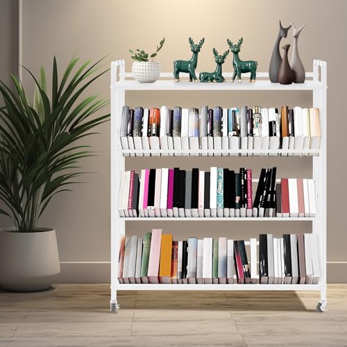 LuYuLTONG 4 Tier Book Carts with Lockable Wheels, Rolling Book Cart, Bookshelf Storage Rack, Mobile Book Storage, Cart for Home Office Living Room Classroom, 35’’x10’’x44’’ (White)