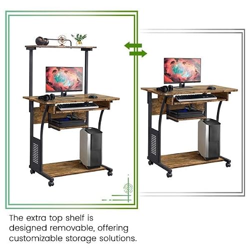 Yaheetech Small Rolling Computer Desk with Hutch and Shelves, Rustic Brown