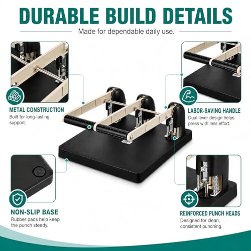 3 Hole Punch Heavy Duty, 150 -Sheet Three Hole Punch with Labor Saving Handle, Paper Feed Depth 12mm, Long-Lasting Durability, for Offices, Families, Study Rooms, Print Shops