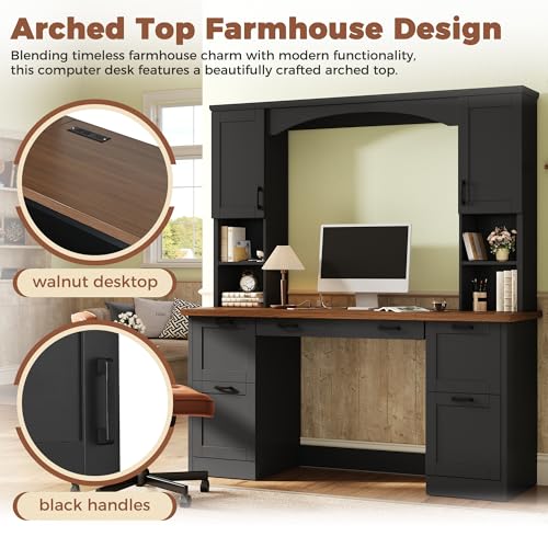 EWUZOSE Arched Computer Desk with Hutch Charging Station and File Drawer (Engineered Wood,Black)