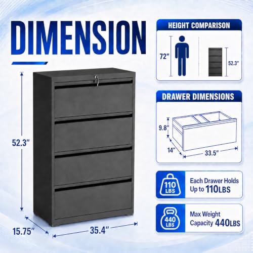 FOSTOKO 4 Drawer File Cabinet with Lock, Metal File Cabinet, Black