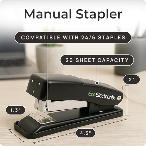 EcoElectronix Portable Automatic Electric Stapler Pro Kit - 30 Sheet Capacity, Quiet Operation, Jam-Free and Easy Reload - AC Adapter/Battery Powered, (Black)
