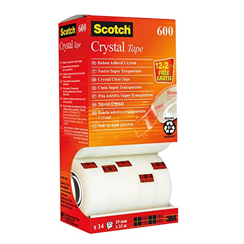 Scotch Crystal Clear Tape, Value Pack, 14 Rolls, 19 mm x 33 m - Provides a Strong and Permanent Bond